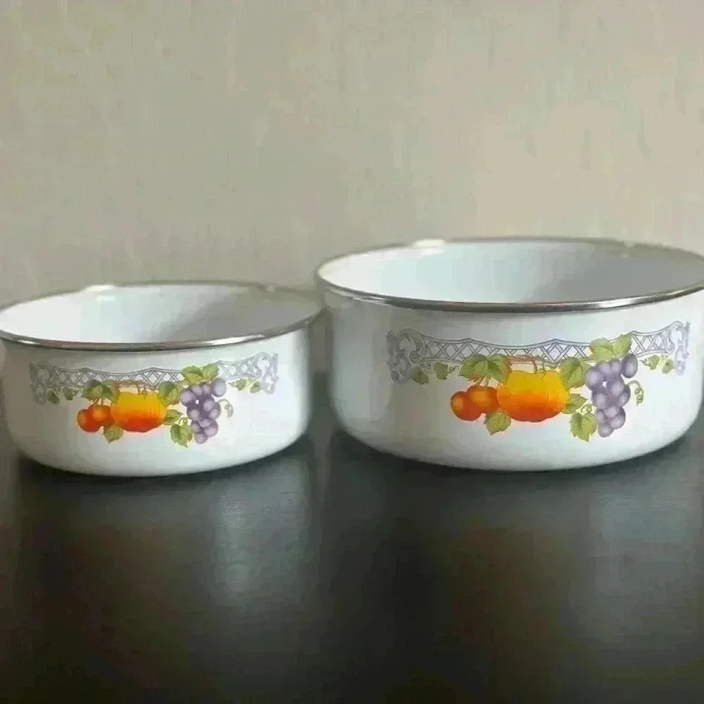Vintage Metal Enamel Kitchen Storage Bowls Stacking With Vegetable Print